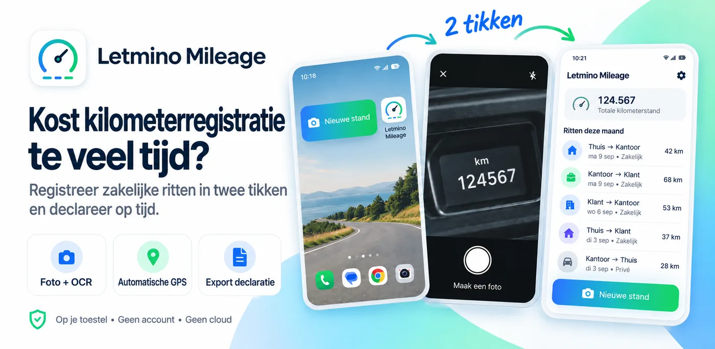 Letmino KM: de widget, een foto van de kilometerstand en het maandoverzicht met ritten